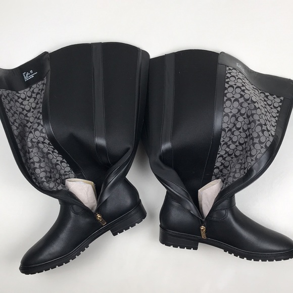 COACH Farrah Black Leather Tall Riding Boots Logo Buckle NEW NWOB - Picture 9 of 16